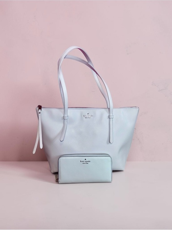 kate spade Handbags - Kate Spade pale blue leather tote & pebbled leather wallet Duo NWT! MSRP $638!
